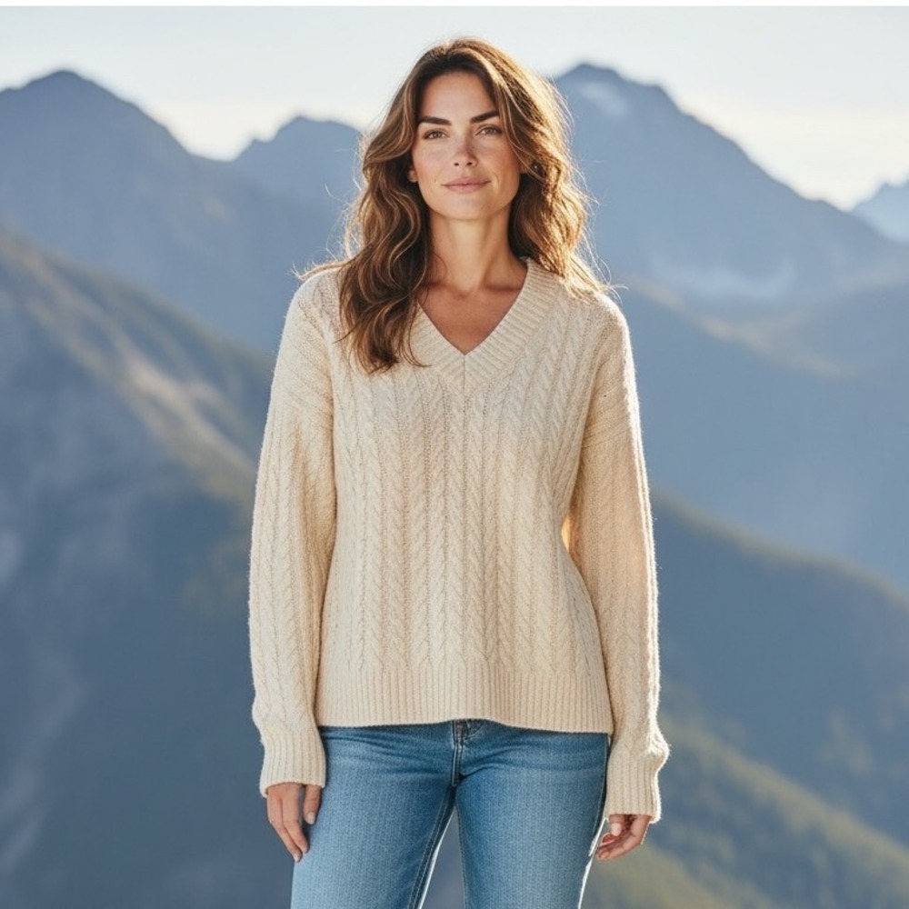 41 Hawthorn Women Crm Cable Knit V-Neck Sweater Cashmere Silk Blend M Old Money
